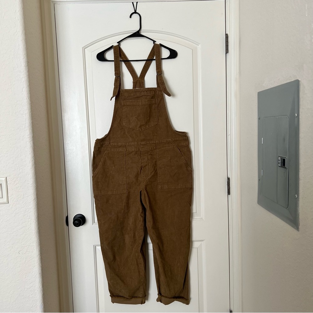 Aerie Corduroy Overalls Bibs Womens L Brown Pockets Cotton Blend
